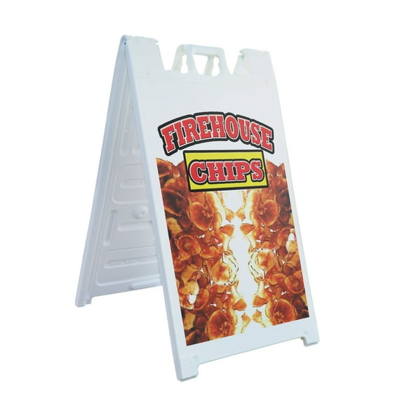 A-frame Sidewalk Firehouse Chips 24" x 36" Double Sided A-Frame Sidewalk Sign, Includes 2 Plastic Inserts | Foldable Portable White Signicade Sandwich Board Signs