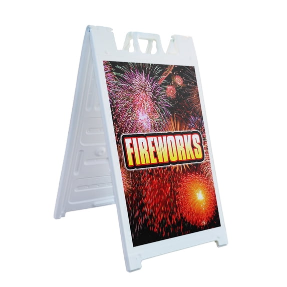 A-frame Sidewalk Fireworks1 24" x 36" Double Sided A-Frame Sidewalk Sign, Includes 2 Plastic Inserts | Foldable Portable White Signicade Sandwich Board Signs
