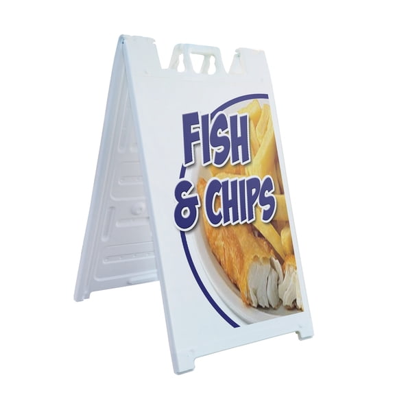 A-frame Sidewalk Fish & Chips 24" x 36" Double Sided A-Frame Sidewalk Sign, Includes 2 Plastic Inserts | Foldable Portable White Signicade Sandwich Board Signs