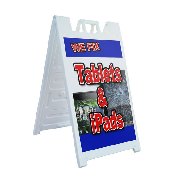 A-frame Sidewalk We Fix Tablets & Ipads 24" x 36" Double Sided A-Frame Sidewalk Sign, Includes 2 Installed Vinyl Decals | Foldable Portable White Signicade Sandwich Board Signs