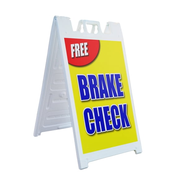A-frame Sidewalk Free Brake Check 24" x 36" Double Sided A-Frame Sidewalk Sign, Includes 2 Installed Vinyl Decals | Foldable Portable White Signicade Sandwich Board Signs