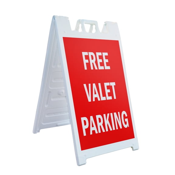A-frame Sidewalk Free Valet Parking 24" x 36" Double Sided A-Frame Sidewalk Sign, Includes 2 Installed Vinyl Decals | Foldable Portable White Signicade Sandwich Board Signs