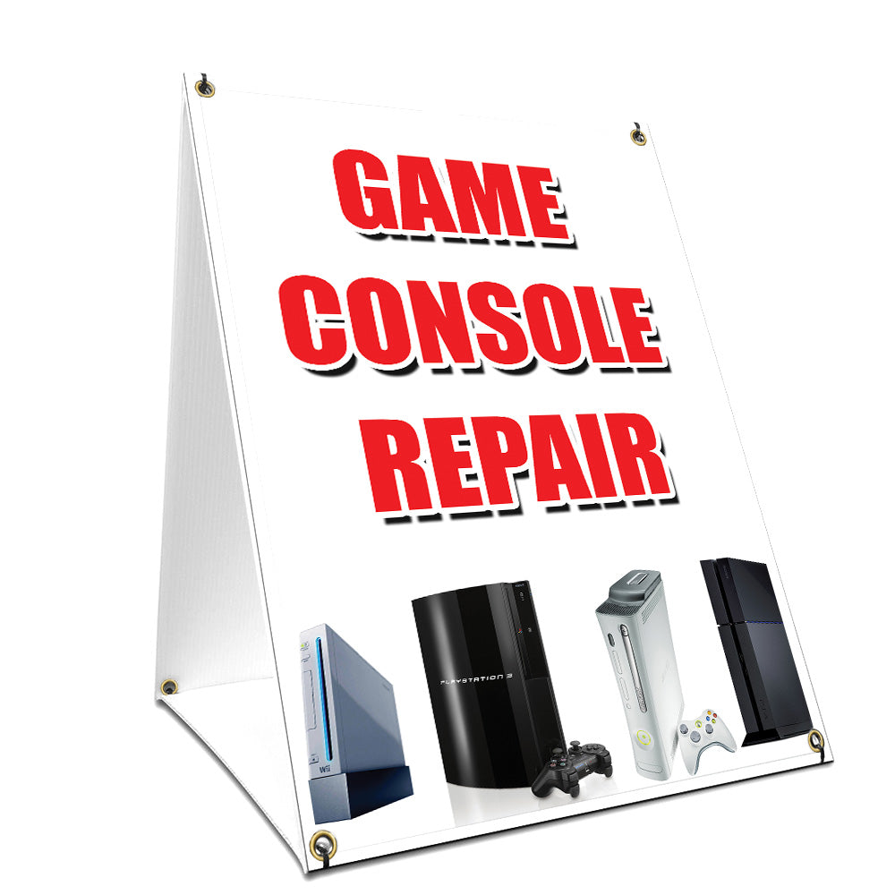 Aframe Sidewalk Game Console Repair Sign With Graphics On Each Side