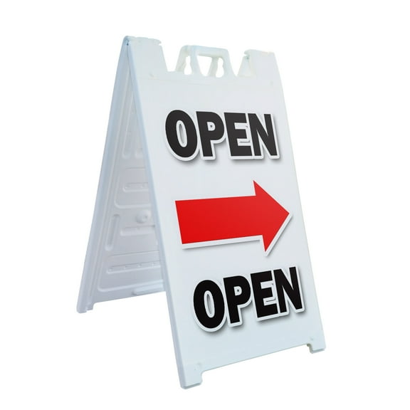 A-frame Sidewalk Giant Open With Arrow 24" x 36" Double Sided A-Frame Sidewalk Sign, Includes 2 Installed Vinyl Decals | Foldable Portable White Signicade Sandwich Board Signs