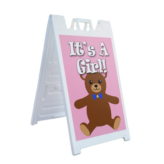 A-frame Sidewalk It's A Girl! 24" x 36" Double Sided A-Frame Sidewalk Sign, Includes 2 Plastic Inserts | Foldable Portable White Signicade Sandwich Board Signs