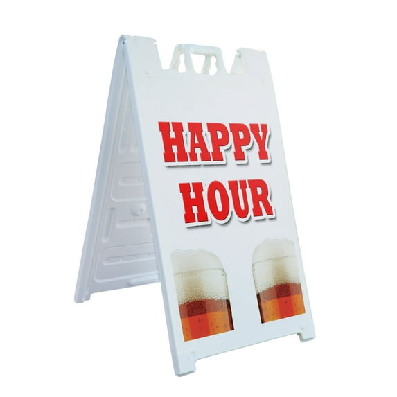 A-frame Sidewalk Happy Hour 24" x 36" Double Sided A-Frame Sidewalk Sign, Includes 2 Plastic Inserts | Foldable Portable White Signicade Sandwich Board Signs
