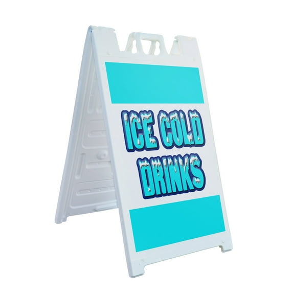 A-frame Sidewalk Ice Cold Drinks 24" x 36" Double Sided A-Frame Sidewalk Sign, Includes 2 Installed Vinyl Decals | Foldable Portable White Signicade Sandwich Board Signs