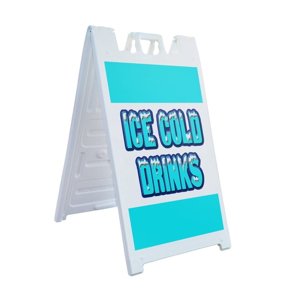 A-frame Sidewalk Ice Cold Drinks 24" x 36" Double Sided A-Frame Sidewalk Sign, Includes 2 Installed Vinyl Decals | Foldable Portable White Signicade Sandwich Board Signs