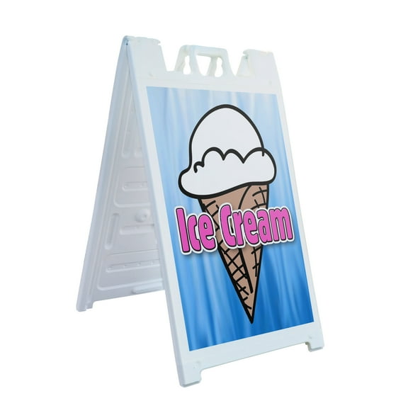 A-frame Sidewalk Ice Cream 1 24" x 36" Double Sided A-Frame Sidewalk Sign, Includes 2 Plastic Inserts | Foldable Portable White Signicade Sandwich Board Signs