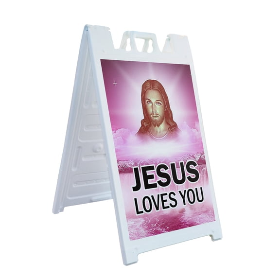 A-frame Sidewalk Jesus Loves You 24" x 36" Double Sided A-Frame Sidewalk Sign, Includes 2 Plastic Inserts | Foldable Portable White Signicade Sandwich Board Signs