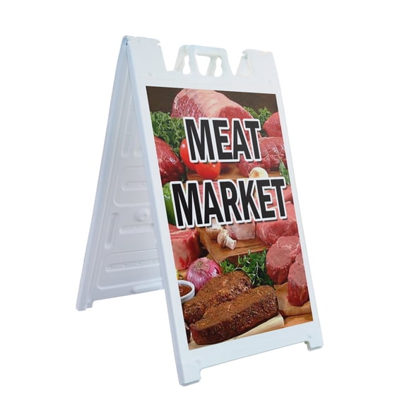 A-frame Sidewalk Meat Market 24" x 36" Double Sided A-Frame Sidewalk Sign, Includes 2 Plastic Inserts | Foldable Portable White Signicade Sandwich Board Signs