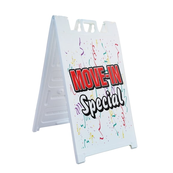 A-frame Sidewalk Move-in Special 24" x 36" Double Sided A-Frame Sidewalk Sign, Includes 2 Plastic Inserts | Foldable Portable White Signicade Sandwich Board Signs