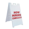 thumbnail image 1 of A-frame Sidewalk Now Hiring Day Laborers 24" x 36" Double Sided A-Frame Sidewalk Sign, Includes 2 Installed Vinyl Decals | Foldable Portable White Signicade Sandwich Board Signs, 1 of 5