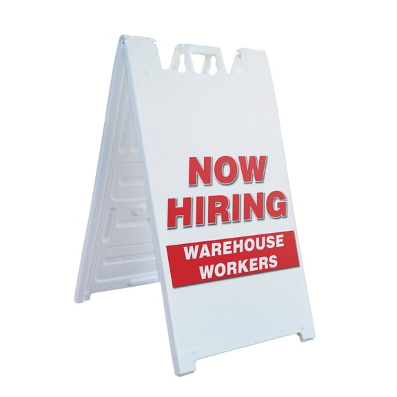 A-frame Sidewalk Now Hiring Warehouse Workers 24" x 36" Double Sided A-Frame Sidewalk Sign, Includes 2 Installed Vinyl Decals | Foldable Portable White Signicade Sandwich Board Signs