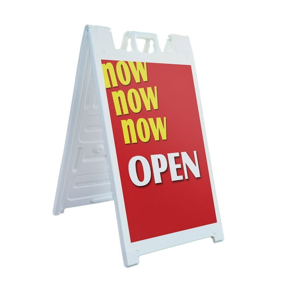 A-frame Sidewalk Now Open 24" x 36" Double Sided A-Frame Sidewalk Sign, Includes 2 Plastic Inserts | Foldable Portable White Signicade Sandwich Board Signs