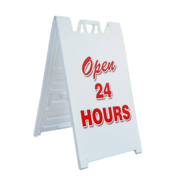 A-frame Sidewalk Open 24 Hours 24" x 36" Double Sided A-Frame Sidewalk Sign, Includes 2 Plastic Inserts | Foldable Portable White Signicade Sandwich Board Signs