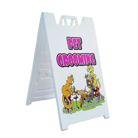 A-frame Sidewalk Pet Grooming 24" x 36" Double Sided A-Frame Sidewalk Sign, Includes 2 Installed Vinyl Decals | Foldable Portable White Signicade Sandwich Board Signs