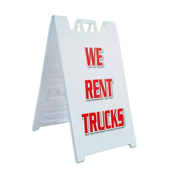 A-frame Sidewalk We Rent Trucks 24" x 36" Double Sided A-Frame Sidewalk Sign, Includes 2 Plastic Inserts | Foldable Portable White Signicade Sandwich Board Signs