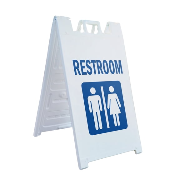 A-frame Sidewalk Restroom 24" x 36" Double Sided A-Frame Sidewalk Sign, Includes 2 Installed Vinyl Decals | Foldable Portable White Signicade Sandwich Board Signs