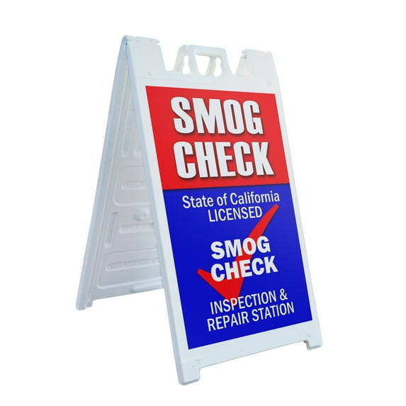 A-frame Sidewalk Smog Check 24" x 36" Double Sided A-Frame Sidewalk Sign, Includes 2 Installed Vinyl Decals | Foldable Portable White Signicade Sandwich Board Signs