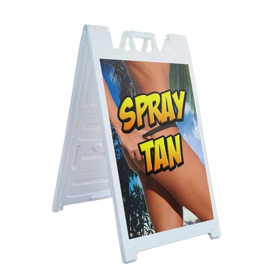 A-frame Sidewalk Spray Tan 24" x 36" Double Sided A-Frame Sidewalk Sign, Includes 2 Installed Vinyl Decals | Foldable Portable White Signicade Sandwich Board Signs