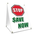 thumbnail image 1 of A-frame Sidewalk Stop Save Now Sign With Graphics On Each Side | 18" X 24" Print Size, 1 of 3