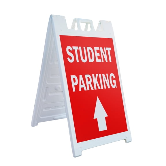 A-frame Sidewalk Student Parking With Up Arrow 24" x 36" Double Sided A-Frame Sidewalk Sign, Includes 2 Plastic Inserts | Foldable Portable White Signicade Sandwich Board Signs