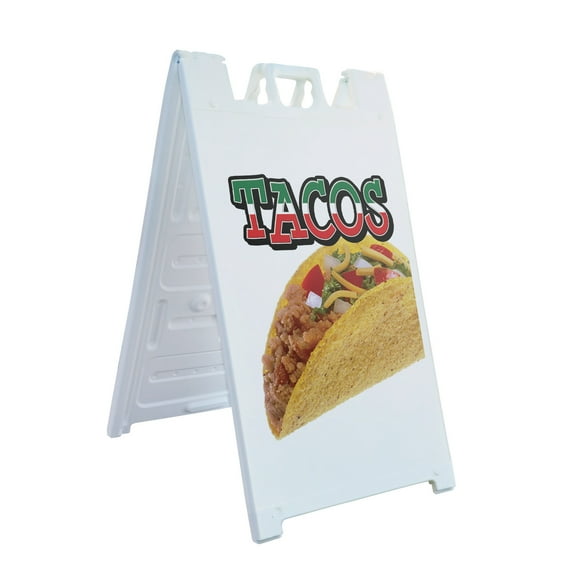 A-frame Sidewalk Tacos 24" x 36" Double Sided A-Frame Sidewalk Sign, Includes 2 Plastic Inserts | Foldable Portable White Signicade Sandwich Board Signs