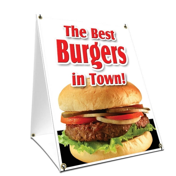 A-frame Sidewalk The Best Burgers In Town! Sign With Graphics On Each Side | 18" X 24" Print Size
