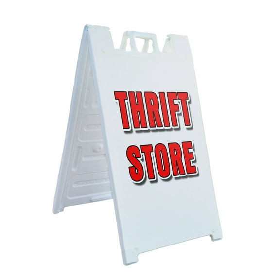 A-frame Sidewalk Thrift Store 24" x 36" Double Sided A-Frame Sidewalk Sign, Includes 2 Plastic Inserts | Foldable Portable White Signicade Sandwich Board Signs