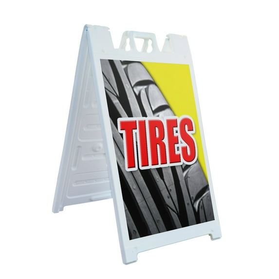 A-frame Sidewalk Tires 24" x 36" Double Sided A-Frame Sidewalk Sign, Includes 2 Plastic Inserts | Foldable Portable White Signicade Sandwich Board Signs