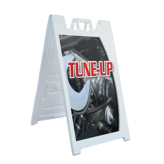 A-frame Sidewalk Tune-up 24" x 36" Double Sided A-Frame Sidewalk Sign, Includes 2 Plastic Inserts | Foldable Portable White Signicade Sandwich Board Signs