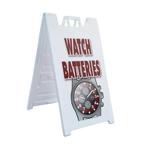 A-frame Sidewalk Watch Batteries 24" x 36" Double Sided A-Frame Sidewalk Sign, Includes 2 Installed Vinyl Decals | Foldable Portable White Signicade Sandwich Board Signs