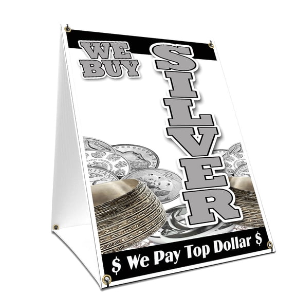 A-frame Sidewalk We Buy Silver Vertical Sign With Graphics On Each Side | 18" X 24" Print Size