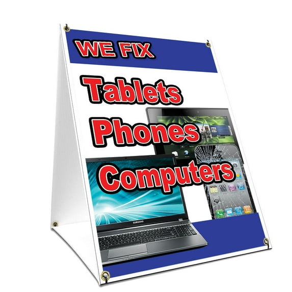 A-frame Sidewalk We Fix Tablets Phones Computers Sign With Graphics On Each Side | 18" X 24" Print Size