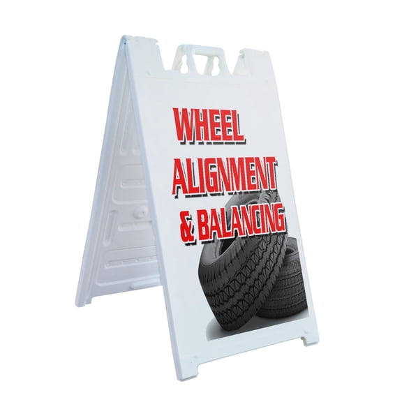 A-frame Sidewalk Wheel Alignment & Balancing 24" x 36" Double Sided A-Frame Sidewalk Sign, Includes 2 Installed Vinyl Decals | Foldable Portable White Signicade Sandwich Board Signs