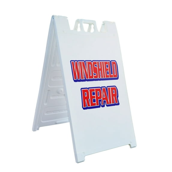A-frame Sidewalk Windshield Repair 24" x 36" Double Sided A-Frame Sidewalk Sign, Includes 2 Installed Vinyl Decals | Foldable Portable White Signicade Sandwich Board Signs