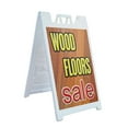 thumbnail image 1 of A-frame Sidewalk Wood Floors Sale 24" x 36" Double Sided A-Frame Sidewalk Sign, Includes 2 Installed Vinyl Decals | Foldable Portable White Signicade Sandwich Board Signs, 1 of 5