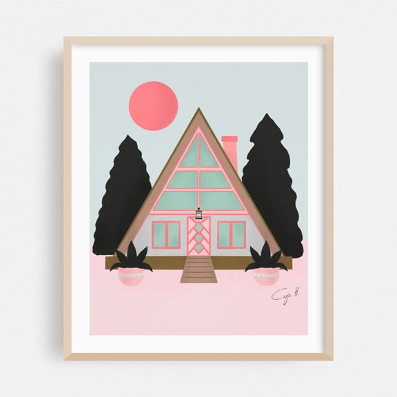 A frame cabin - Illustration Mid-Century Modern Geometric Minimalist Pastel Architecture Modern Art Oak Framed Wall Art Print 6 x 8 inches