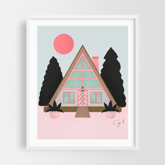 A frame cabin - Illustration Mid-Century Modern Geometric Minimalist Pastel Architecture Modern Art White Framed Wall Art Print 6 x 8 inches