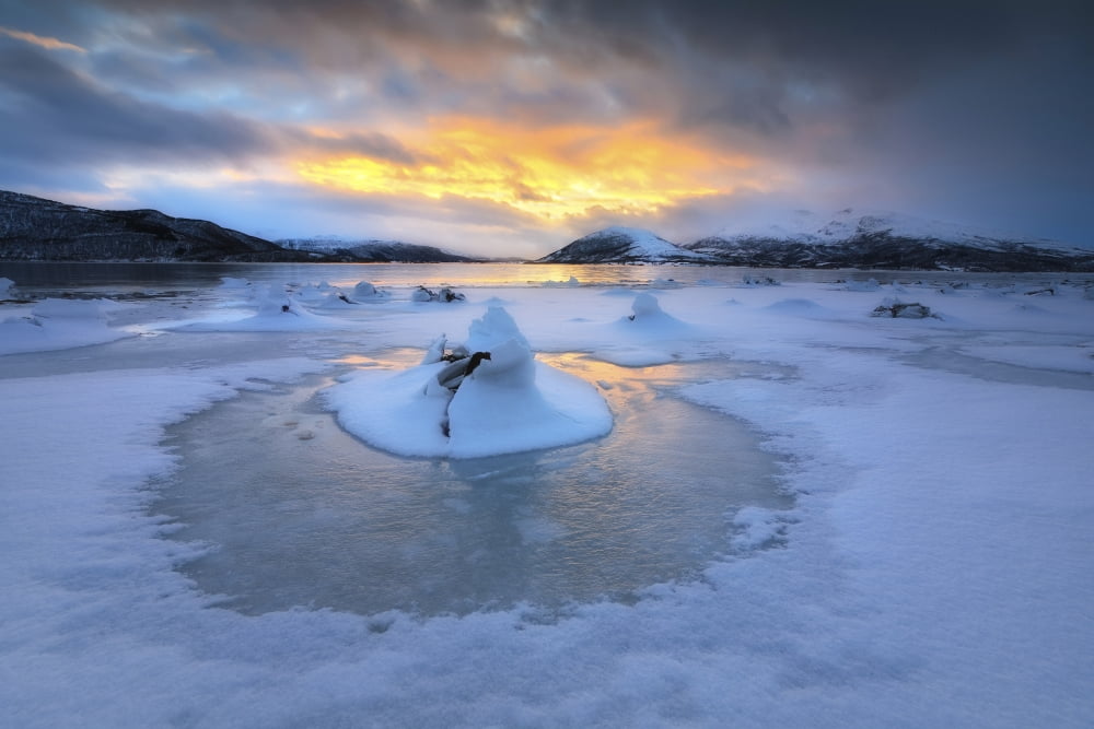 A frozen fjord that is part of Tjeldsundet in Troms County Norway Canvas Art - Arild HeitmannStocktrek Images (35 x 23)