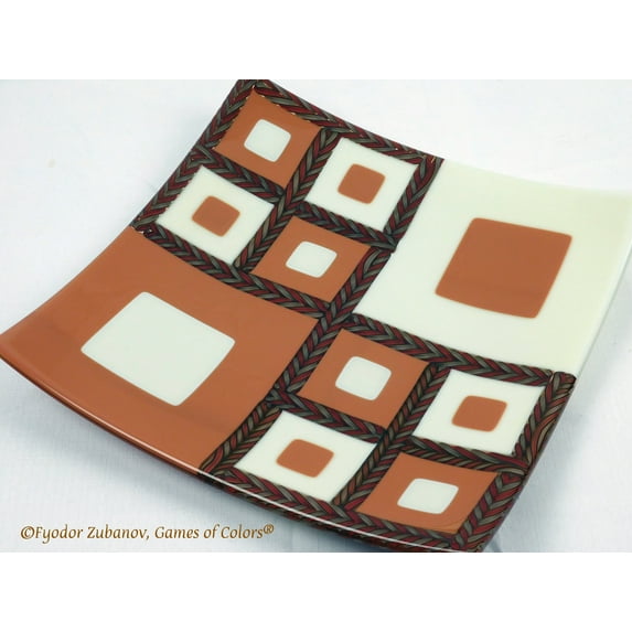 A fused glass square plate Braided Shards ; art glass; decorative plate; centerpiece, beige plate