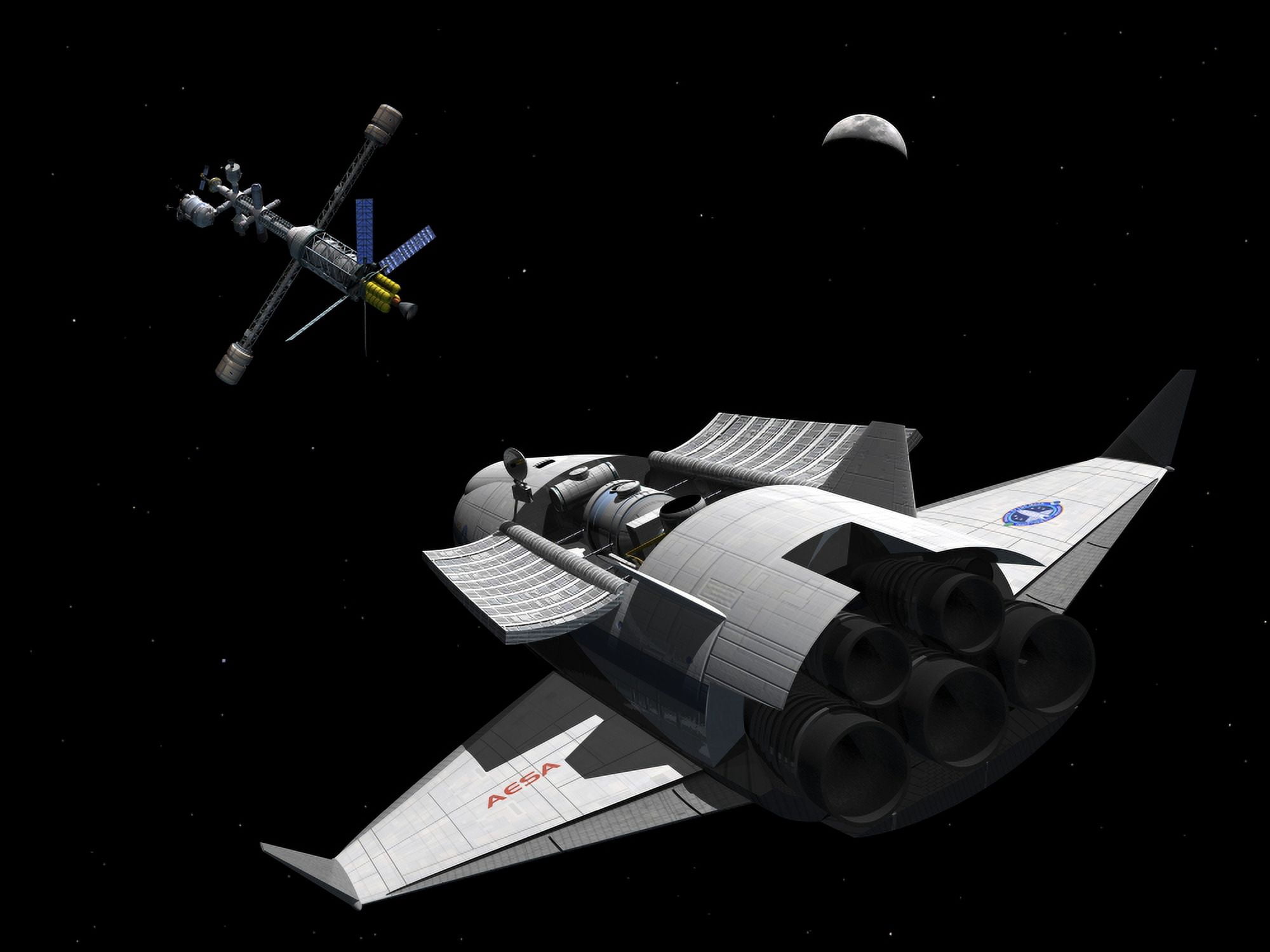 A future generation space shuttle rendezvous with a lunar cycler Canvas Art - Walter MyersStocktrek Images (17 x 13)