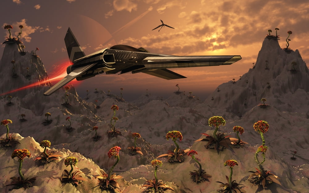 A futuristic Earth ship patrolling a distant alien world Canvas Art - Mark StevensonStocktrek Images (18 x 12)