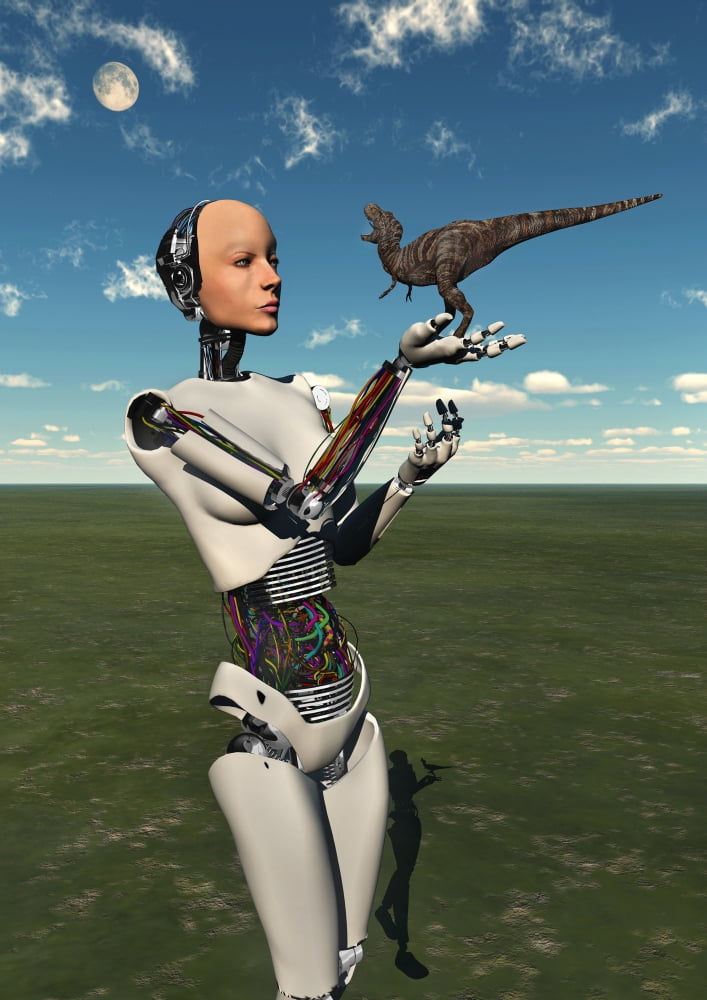 A futuristic android holding a baby Tyrannosaurus Rex in its hands Canvas Art - Mark StevensonStocktrek Images (12 x 17)