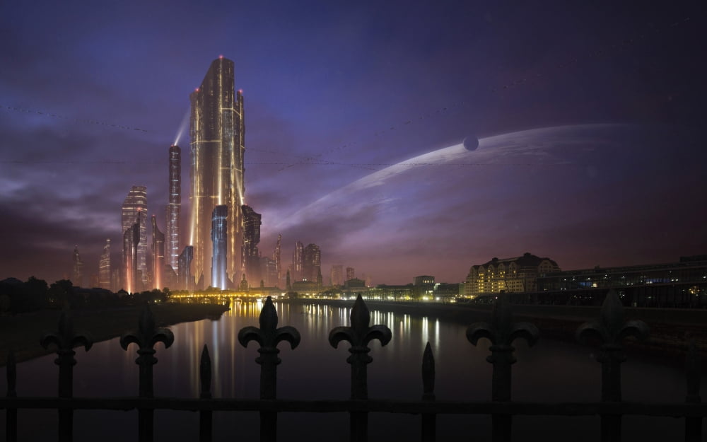 A futuristic city on an extraterrestrial planet in the morning Canvas Art - Tobias RoetschStocktrek Images (18 x 12)