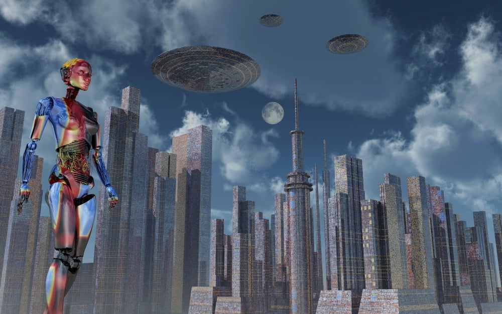 A futuristic city where robots and flying saucers are common place Canvas Art - Mark StevensonStocktrek Images (18 x 12)