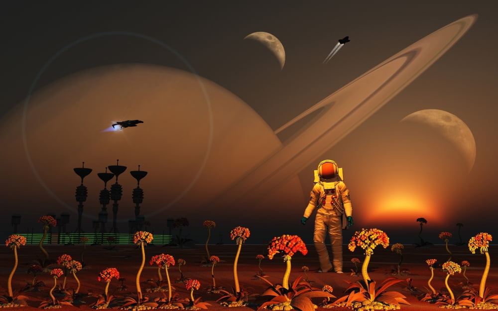 A futuristic outpost on the moon of a distant alien world Canvas Art - Mark StevensonStocktrek Images (18 x 12)