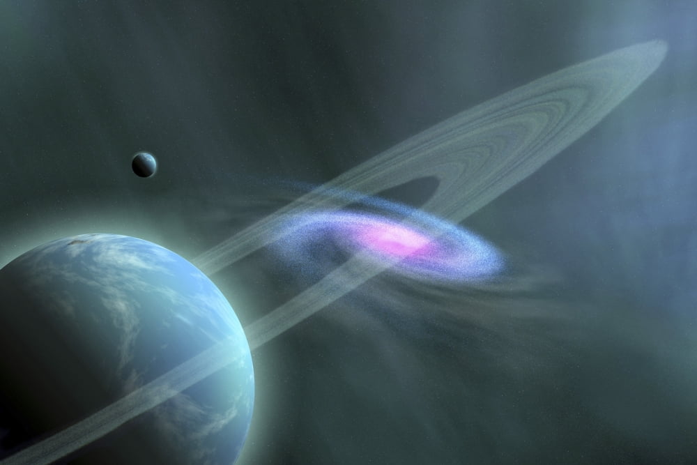 A galaxy swirls near a planet and its moon Canvas Art - Corey FordStocktrek Images (35 x 23)
