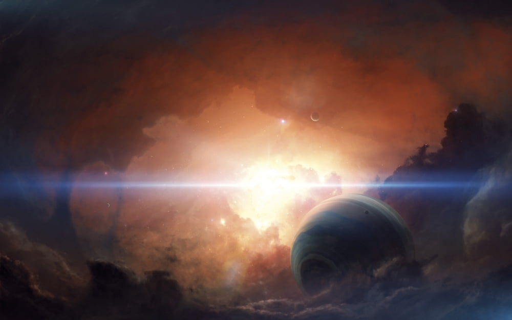 A gas giant partly hidden in a nebula Canvas Art - Tobias RoetschStocktrek Images (18 x 12)